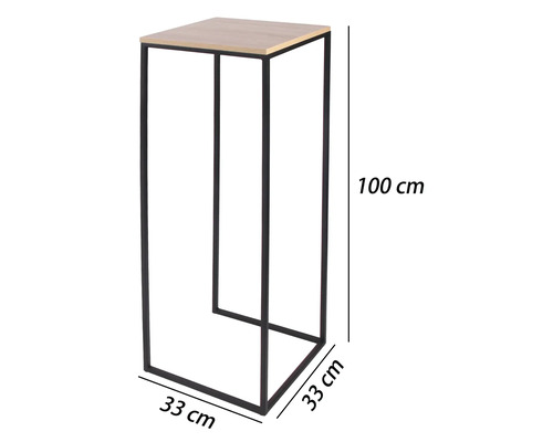 Hohe Pflanzensäule mit schwarzem Metallgestell und heller Ablage in Holzoptik, Maße 100 Zentimeter hoch sowie 33 mal 33 Zentimeter breit.
