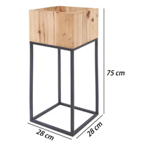 Blumenständer bestehend aus einem quadratischen Holzkasten auf einem hohen Metallgestell, Maße 75 mal 28 mal 28 Zentimeter.