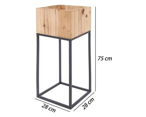 Blumenständer bestehend aus einem quadratischen Holzkasten auf einem hohen Metallgestell, Maße 75 mal 28 mal 28 Zentimeter.