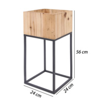 Pflanzenständer mit Holzkiste auf schwarzem Metallgestell, Höhe 56 Zentimeter, Breite 24 Zentimeter, Tiefe 24 Zentimeter.