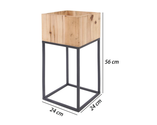 Pflanzenständer mit Holzkiste auf schwarzem Metallgestell, Höhe 56 Zentimeter, Breite 24 Zentimeter, Tiefe 24 Zentimeter.