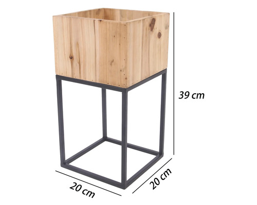 Quadratischer Pflanztopf aus Holz auf einem schwarzen Metallgestell, Maße 39 mal 20 mal 20 Zentimeter.