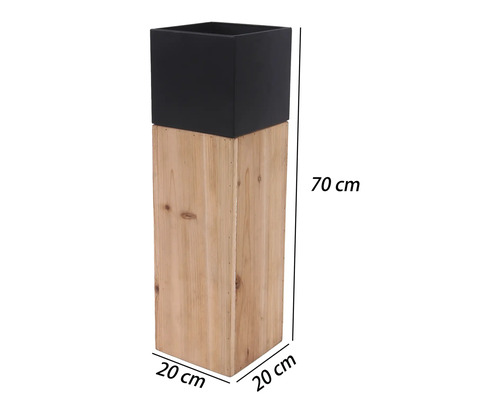 Quadratischer Pflanzkübel mit schwarzem Aufsatz und Holzsockel, Höhe 70 Zentimeter, Breite und Tiefe 20 Zentimeter.