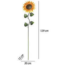 Gartenstecker Sonnenblume aus Metall, gelbe Blüte, grüner Stiel, Höhe 129 Zentimeter, Breite 30 Zentimeter, Tiefe 15 Zentimeter.