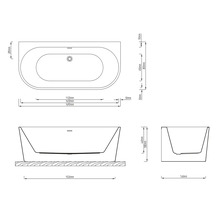 Dessin technique de baignoire avec dimensions en millimètres, vue de dessus, vue de face et vue de côté.