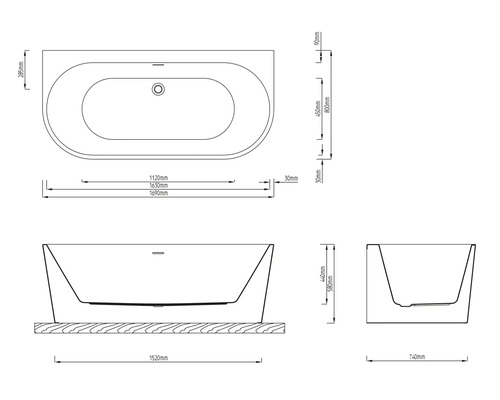 Dessin technique de baignoire avec dimensions en millimètres, vue de dessus, vue de face et vue de côté.