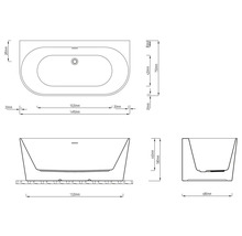Masszeichnung einer Badewanne mit Abmessungen von 1490 Millimetern Länge, 750 Millimetern Breite und 580 Millimetern Höhe.