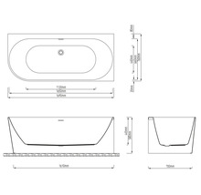Technische Zeichnung einer Badewanne mit Massangaben in Millimeter für Länge, Breite und Höhe in der Draufsicht, Frontalansicht und Seitenansicht.