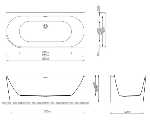 Technische Zeichnung einer Badewanne mit Massangaben in Millimeter für Länge, Breite und Höhe in der Draufsicht, Frontalansicht und Seitenansicht.