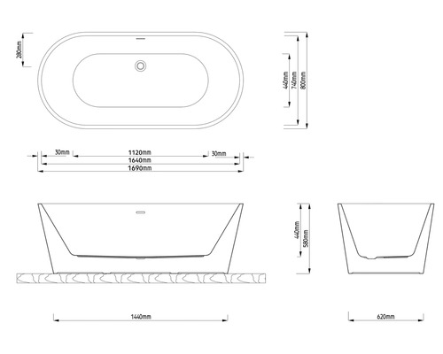 Dessin technique d une baignoire ilot ovale avec cotes: longueur 1690 millimetres, largeur 800 millimetres, hauteur 580 millimetres.