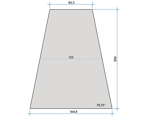 Dessin technique d'un trapèze : largeur haut 85,2, bas 164,8, milieu 125, hauteur 200 et angle 78,75 degrés.