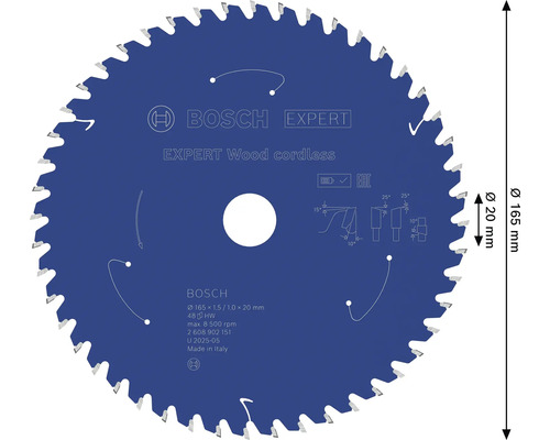 Bosch Kreissägeblatt Expert for Wood cordless mit Durchmesser 165 mm, Bohrung 20 mm und 48 Zähnen.
