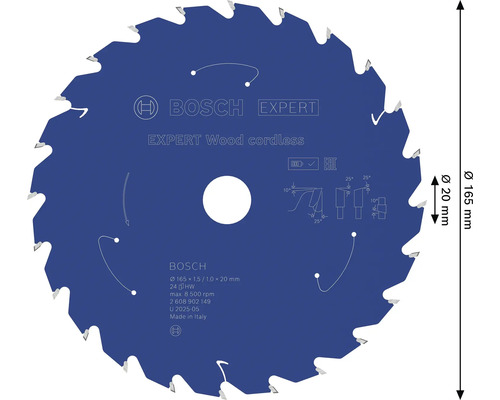 Lame de scie circulaire Bosch Expert Wood cordless avec 165 millimètres de diamètre et 20 millimètres d alésage pour scies sans fil