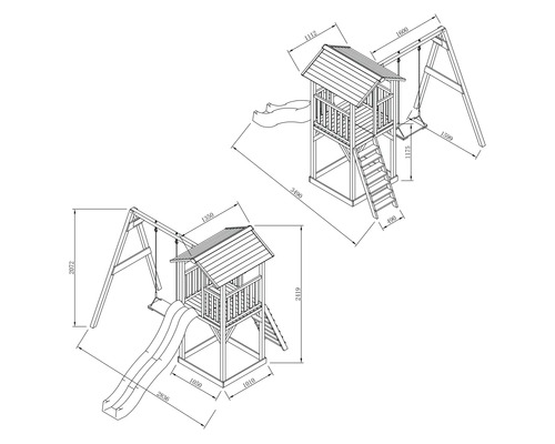 Dessin technique d'une tour de jeux en bois avec toboggan, balançoire et échelle, comprenant les dimensions en millimètres.