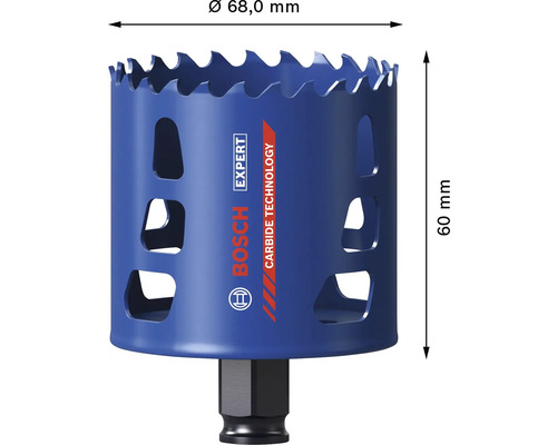 Scie-cloche Bosch Expert Carbide Technology, diamètre 68.0 millimètres, profondeur de coupe 60 millimètres.