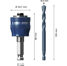 Bosch Logo sur adaptateur Power Change Plus 80 millimètres et foret de centrage 105 millimètres de long avec 8,5 millimètres de diamètre.