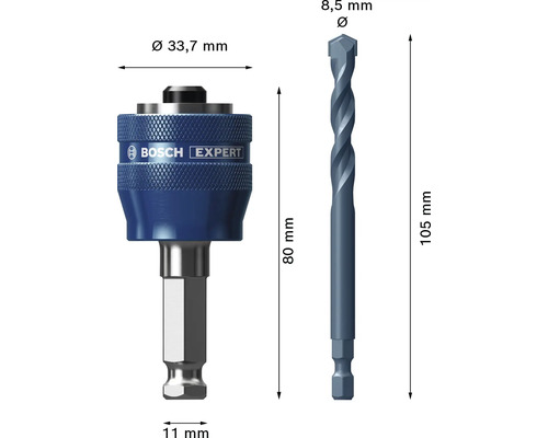 Bosch Logo sur adaptateur Power Change Plus 80 millimètres et foret de centrage 105 millimètres de long avec 8,5 millimètres de diamètre.