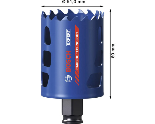 Scie-cloche bleue Bosch Expert Carbide Technology, diamètre 51 millimètres, longueur utile 60 millimètres.