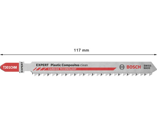Lame de scie sauteuse Bosch Expert Plastic Composites Clean avec Carbide Technology, longueur totale 117 millimètres.