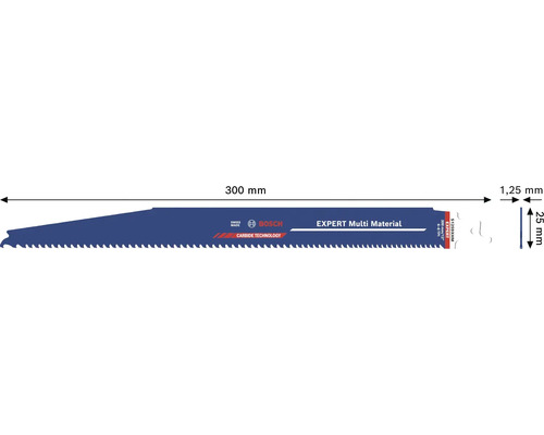 Lame de scie sabre Bosch Expert Multi Material, longueur 300 millimètres, hauteur 25 millimètres, épaisseur 1,25 millimètre, technologie carbure.