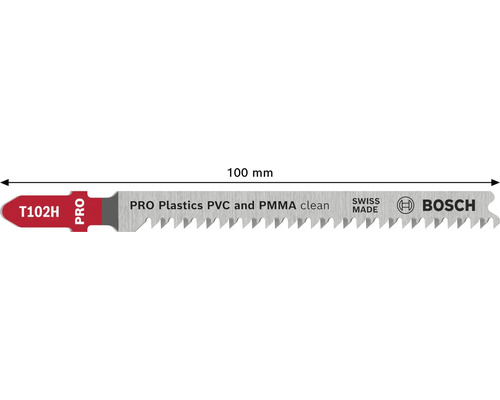 Lame de scie sauteuse Bosch T102H pour des coupes nettes dans le PVC et PMMA, 100 millimètres, fabriquée en Suisse, Bosch Logo.