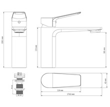 Schéma technique d'un mitigeur de lavabo avec dimensions en millimètre pour le corps du robinet et la bonde.