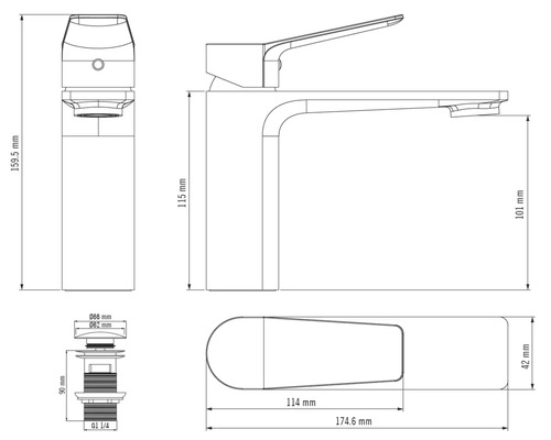 Schéma technique d'un mitigeur de lavabo avec dimensions en millimètre pour le corps du robinet et la bonde.