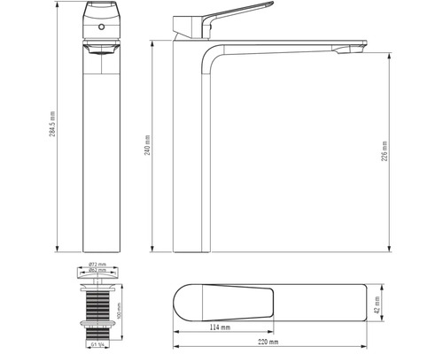 Dessin technique pour un mitigeur de lavabo avec dimensions en millimètres. La hauteur totale est de 284,5 millimètres.