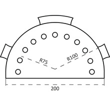 Technische Zeichnung einer halbkreisförmigen Platte mit Bohrungen, Durchmesser zweihundert Millimeter, Radius fünfundsiebzig und einhundert Millimeter.
