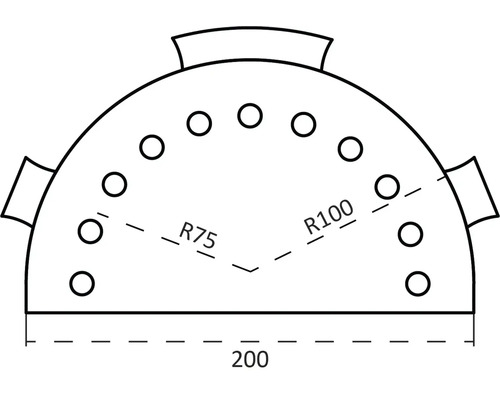 Technische Zeichnung einer halbkreisförmigen Platte mit Bohrungen, Durchmesser zweihundert Millimeter, Radius fünfundsiebzig und einhundert Millimeter.