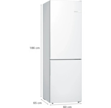 Réfrigérateur-congélateur Bosch blanc, dimensions: hauteur 186 centimètres, largeur 60 centimètres, profondeur 65 centimètres.