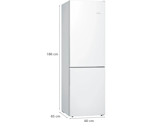 Réfrigérateur-congélateur Bosch blanc, dimensions: hauteur 186 centimètres, largeur 60 centimètres, profondeur 65 centimètres.