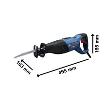 Scie sabre Bosch Professional avec dimensions : longueur 495 millimètres, largeur 103 millimètres, hauteur 165 millimètres.