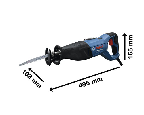 Scie sabre Bosch Professional avec dimensions : longueur 495 millimètres, largeur 103 millimètres, hauteur 165 millimètres.