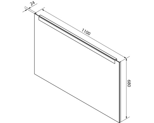 Maßzeichnung einer rechteckigen Platte, Breite 1100 Millimeter, Höhe 680 Millimeter, Tiefe 24 Millimeter.