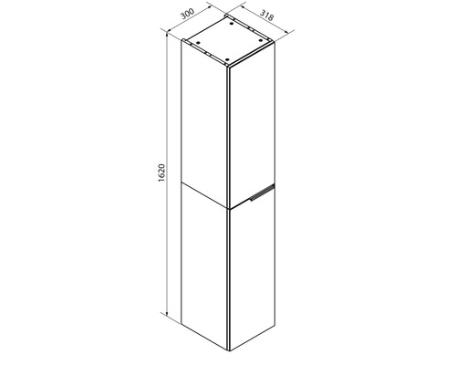 Schéma avec dimensions d'une armoire haute : hauteur 1620 millimètres, largeur 300 millimètres, profondeur 318 millimètres.
