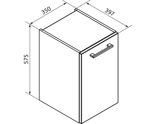 Dessin technique d'un meuble avec les dimensions : hauteur 575 millimètres, largeur 397 millimètres et profondeur 350 millimètres.