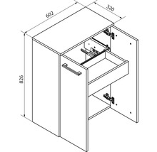 Dessin technique armoire, hauteur 826 millimètres, largeur 602 millimètres, profondeur 320 millimètres, avec portes et tiroir intérieur.
