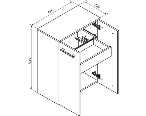 Dessin technique armoire, hauteur 826 millimètres, largeur 602 millimètres, profondeur 320 millimètres, avec portes et tiroir intérieur.