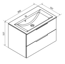 Maßzeichnung Waschbeckenunterschrank mit zwei Schubladen und Waschbecken, Breite 800 Millimeter, Tiefe 501 Millimeter, Höhe 557 Millimeter.