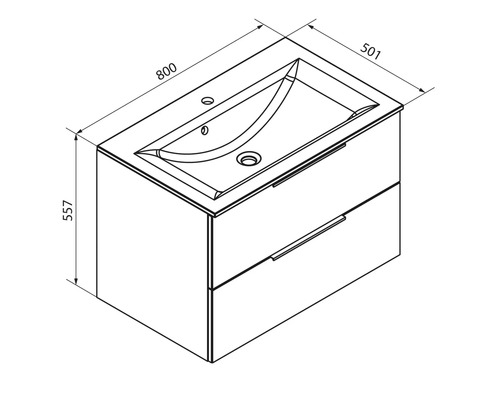 Maßzeichnung Waschbeckenunterschrank mit zwei Schubladen und Waschbecken, Breite 800 Millimeter, Tiefe 501 Millimeter, Höhe 557 Millimeter.