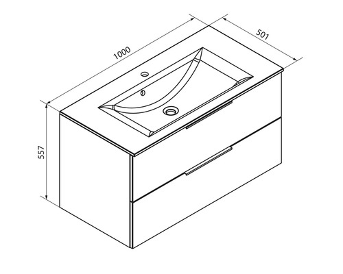 Masszeichnung für einen Waschbeckenunterschrank mit Waschbecken, Breite 1000 Millimeter, Tiefe 501 Millimeter, Höhe 557 Millimeter, zwei Schubladen.