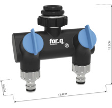 Schwarzer for_q 2-Wege-Verteiler aus Kunststoff für Wasserhähne mit zwei blauen Regulierungsventilen, frostsicherem Symbol, for_q Logo, 13.4 Zentimeter.