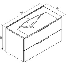 Dessin technique d'un meuble sous-vasque avec lavabo, largeur 1001 millimètres, profondeur 500 millimètres, hauteur 572 millimètres, deux tiroirs.