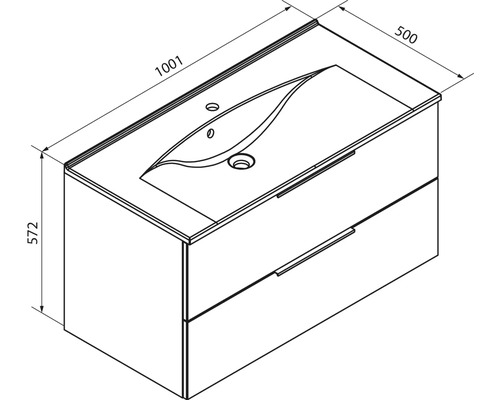 Dessin technique d'un meuble sous-vasque avec lavabo, largeur 1001 millimètres, profondeur 500 millimètres, hauteur 572 millimètres, deux tiroirs.