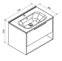 Dessin technique meuble sous-lavabo avec vasque, tiroir et niche. Dimensions : largeur 705, profondeur 465, hauteur 508 millimètres.