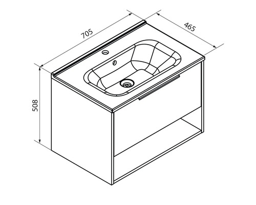 Dessin technique meuble sous-lavabo avec vasque, tiroir et niche. Dimensions : largeur 705, profondeur 465, hauteur 508 millimètres.