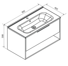 Dessin technique : meuble sous-vasque avec tiroir et niche. Dimensions : largeur 905, profondeur 465 et hauteur 508 millimètres.