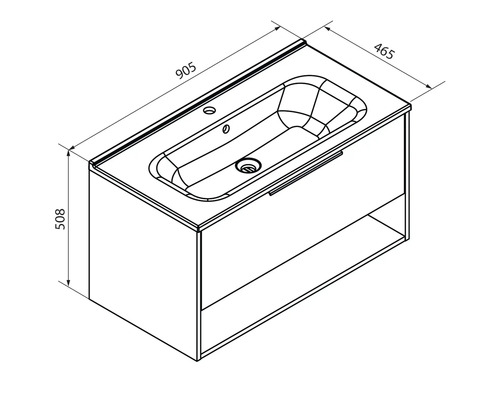 Dessin technique : meuble sous-vasque avec tiroir et niche. Dimensions : largeur 905, profondeur 465 et hauteur 508 millimètres.