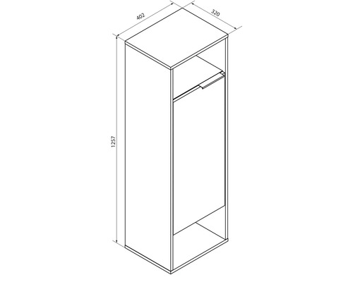 Dessin technique meuble de salle de bains avec porte et deux niches. Hauteur 1257 millimètres, largeur 402 millimètres, profondeur 320 millimètres.